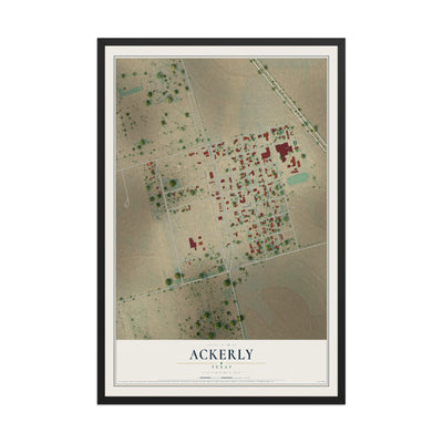Map of Ackerly, Texas, 12 x 18 inch print in a black wood frame