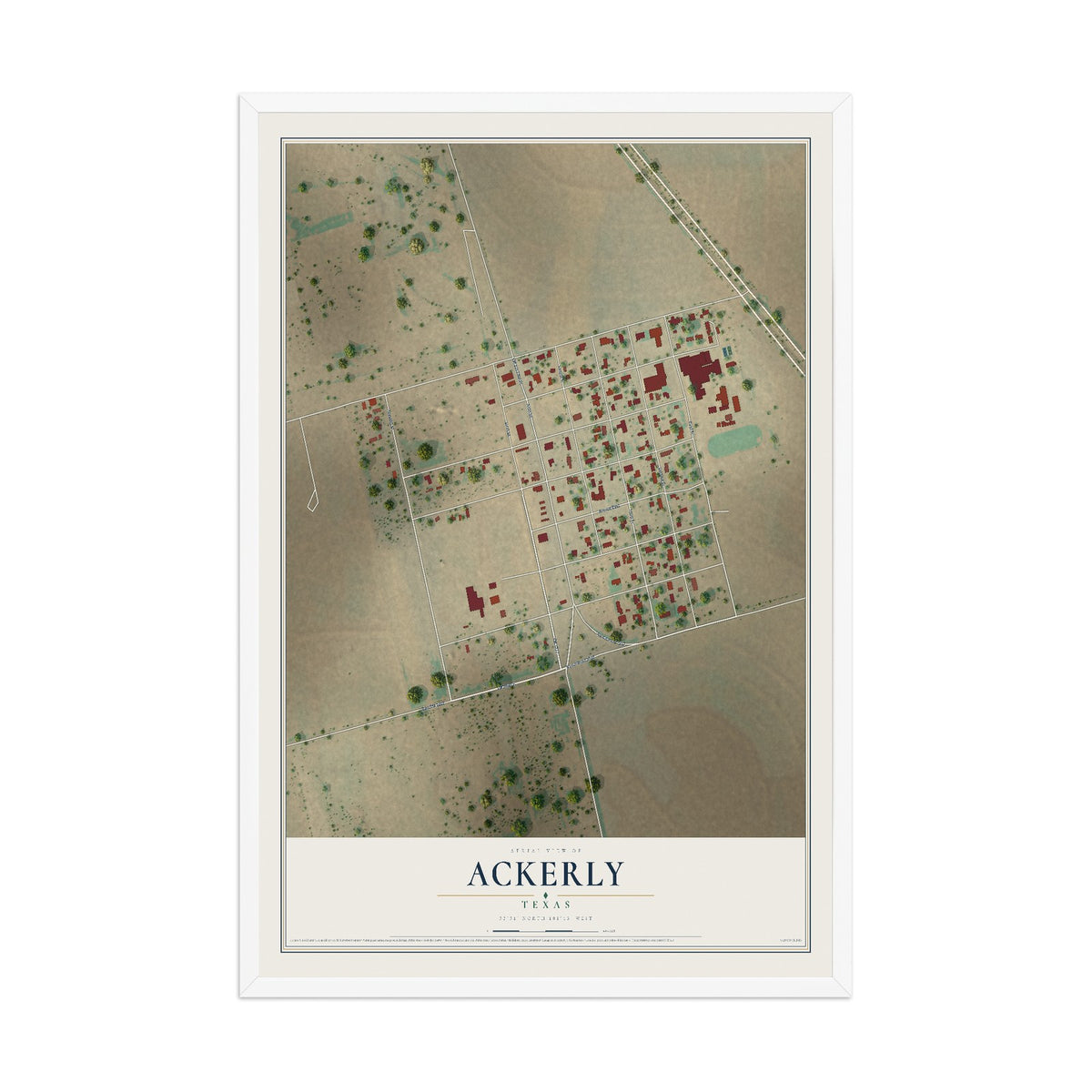 Map of Ackerly, Texas, 12 x 18 inch print in a white wood frame