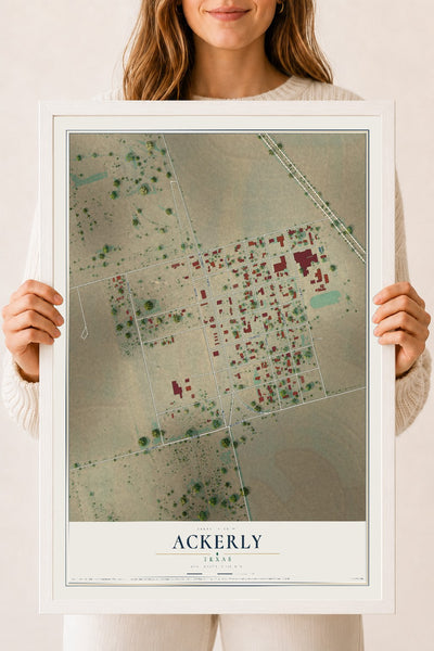Map of Ackerly, Texas, 18 x 24 inch print in a white wood frame