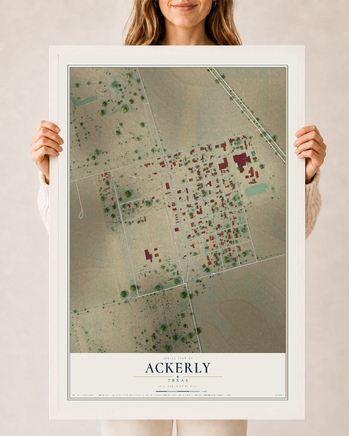 Map of Ackerly, Texas, 24 x 36 inch print in a white wood frame