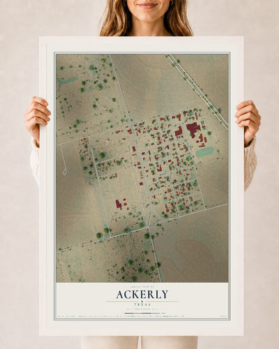 Map of Ackerly, Texas, 24 x 36 inch print in a white wood frame