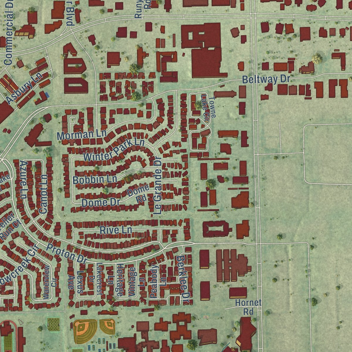 Close-up of the map of Addison, Texas print showing street and building detail