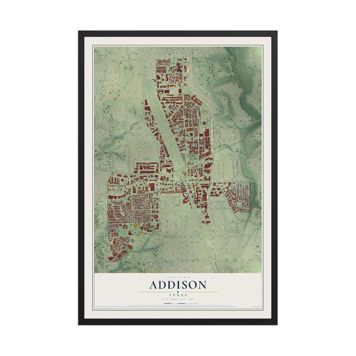 Map of Addison, Texas, 12 x 18 inch print in a black wood frame