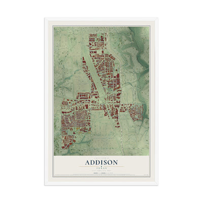 Map of Addison, Texas, 12 x 18 inch print in a white wood frame
