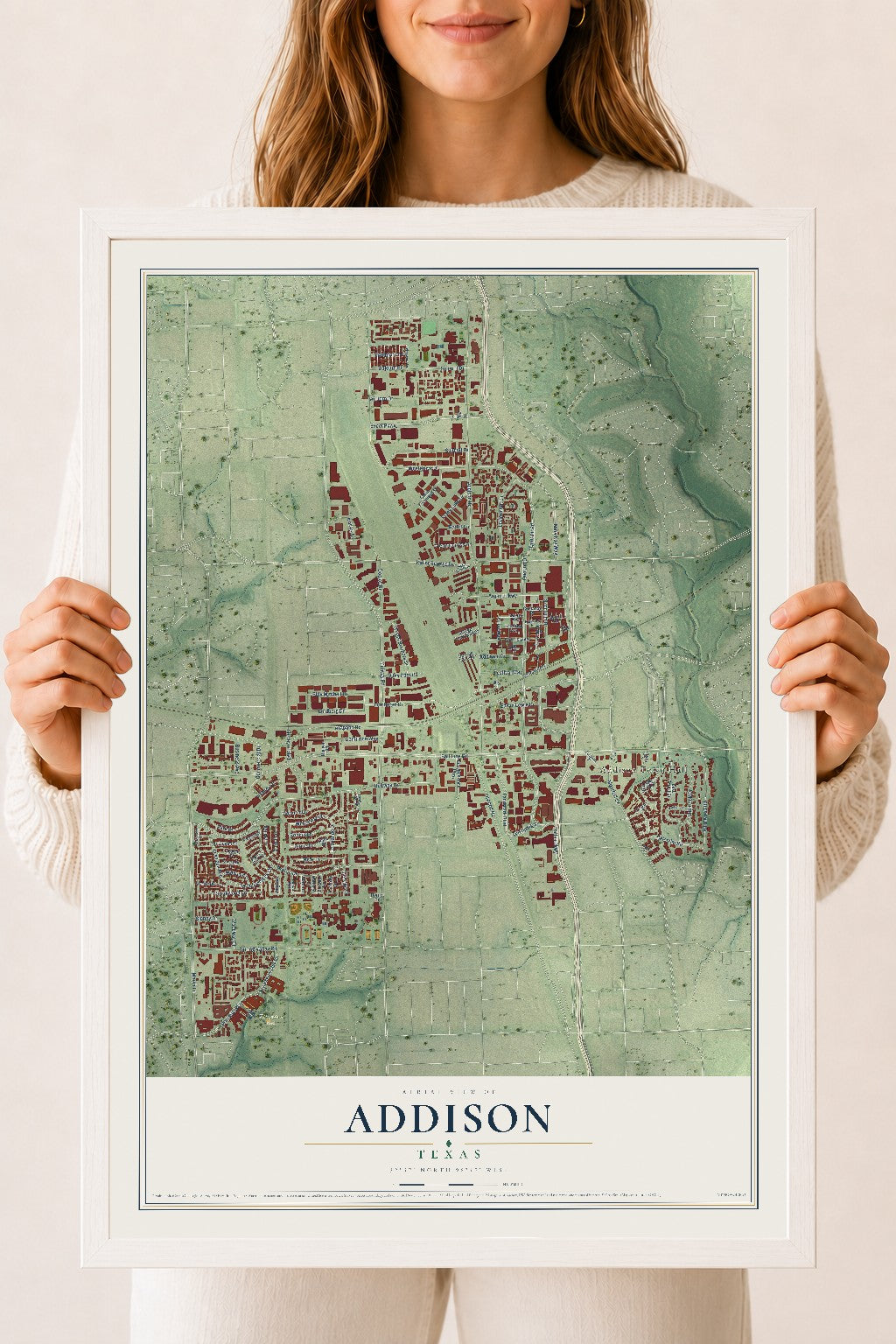 Map of Addison, Texas, 18 x 24 inch print in a white wood frame