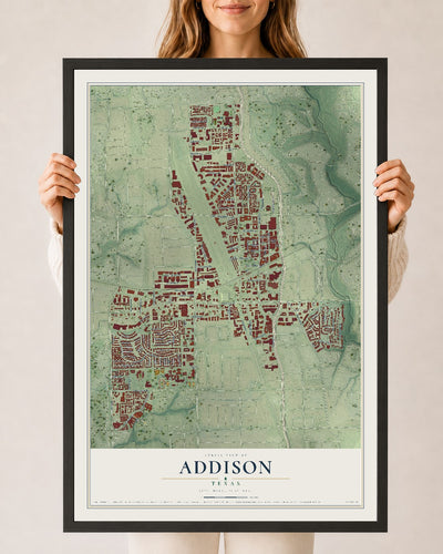 Map of Addison, Texas, 24 x 36 inch print in a black wood frame