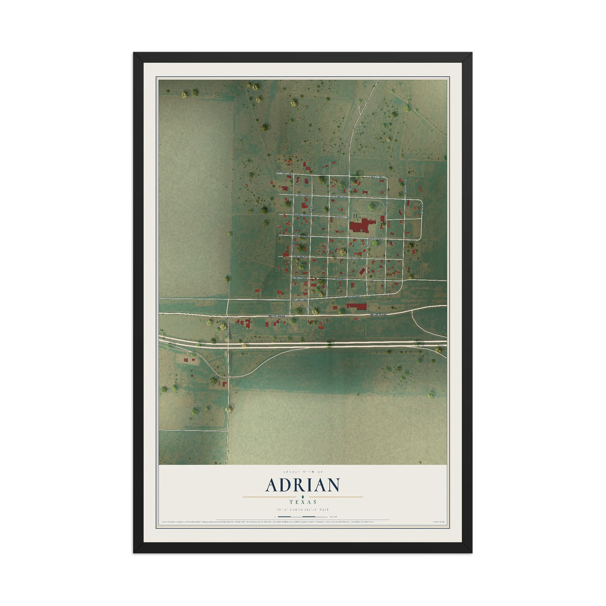 Map of Adrian, Texas, 12 x 18 inch print in a black wood frame