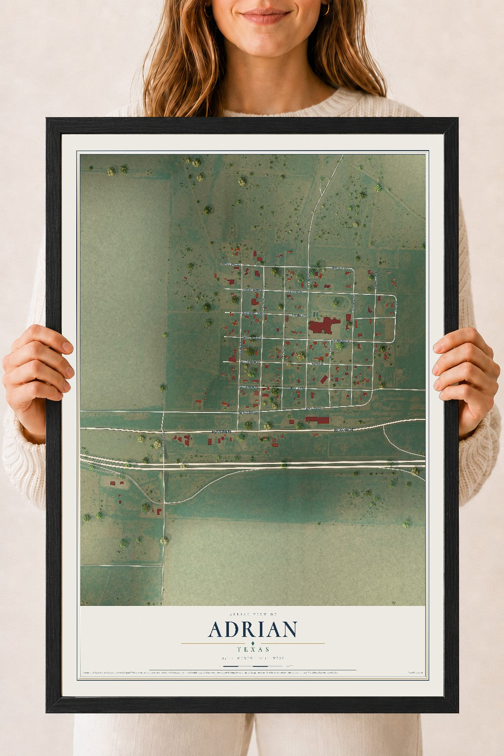 Map of Adrian, Texas, 18 x 24 inch print in a black wood frame