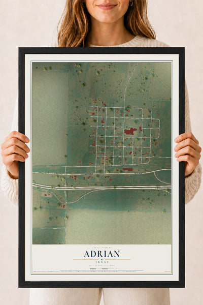 Map of Adrian, Texas, 18 x 24 inch print in a black wood frame