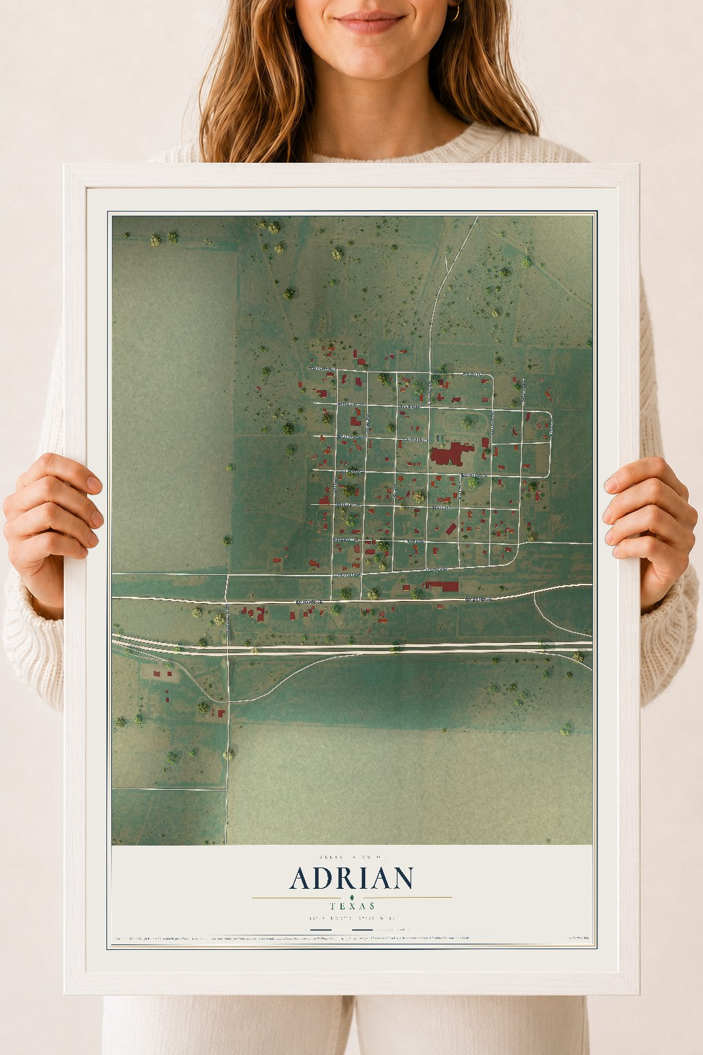 Map of Adrian, Texas, 18 x 24 inch print in a white wood frame