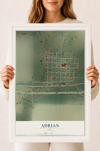 Map of Adrian, Texas, 18 x 24 inch print in a white wood frame
