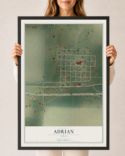 Map of Adrian, Texas, 24 x 36 inch print in a black wood frame