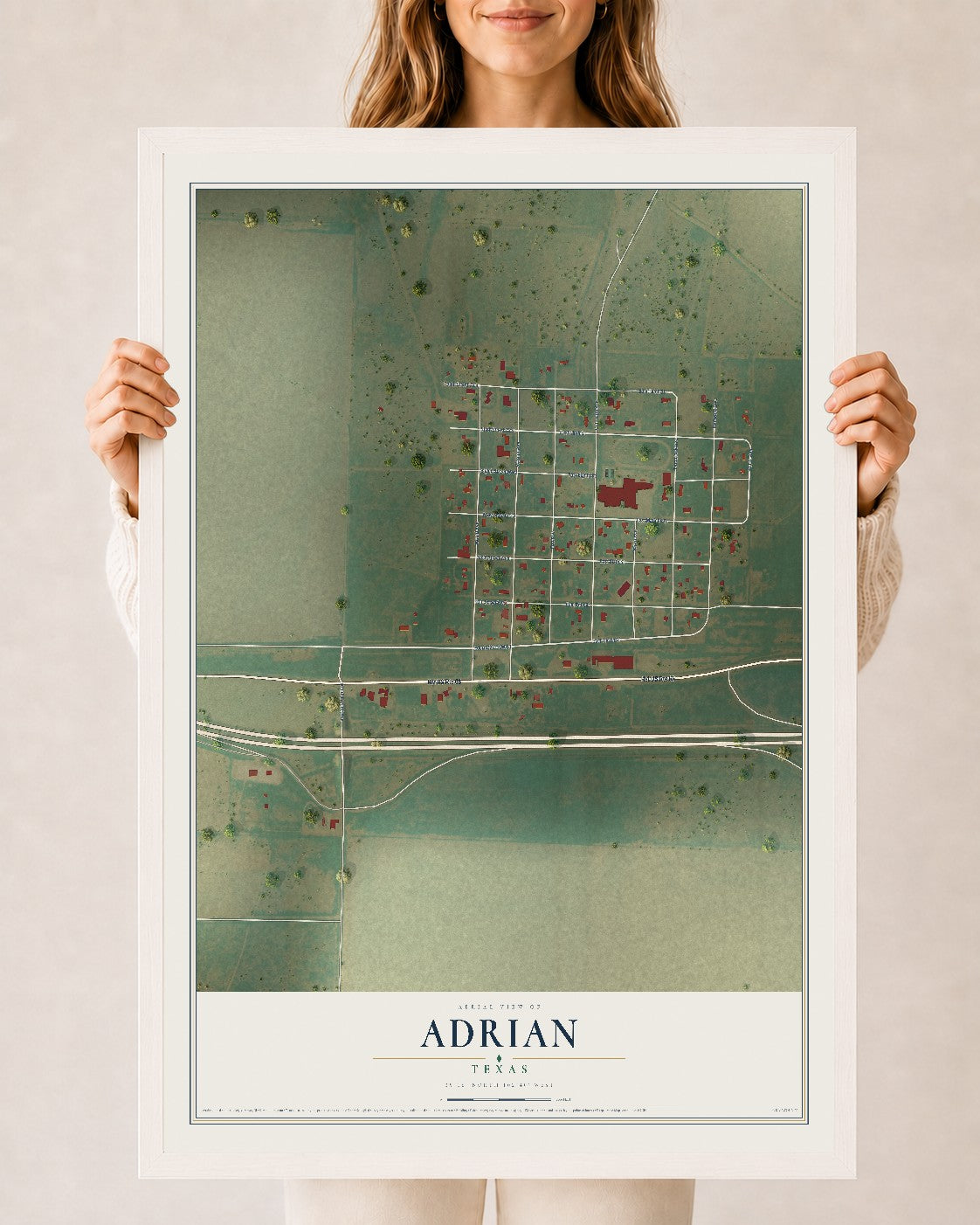 Map of Adrian, Texas, 24 x 36 inch print in a white wood frame