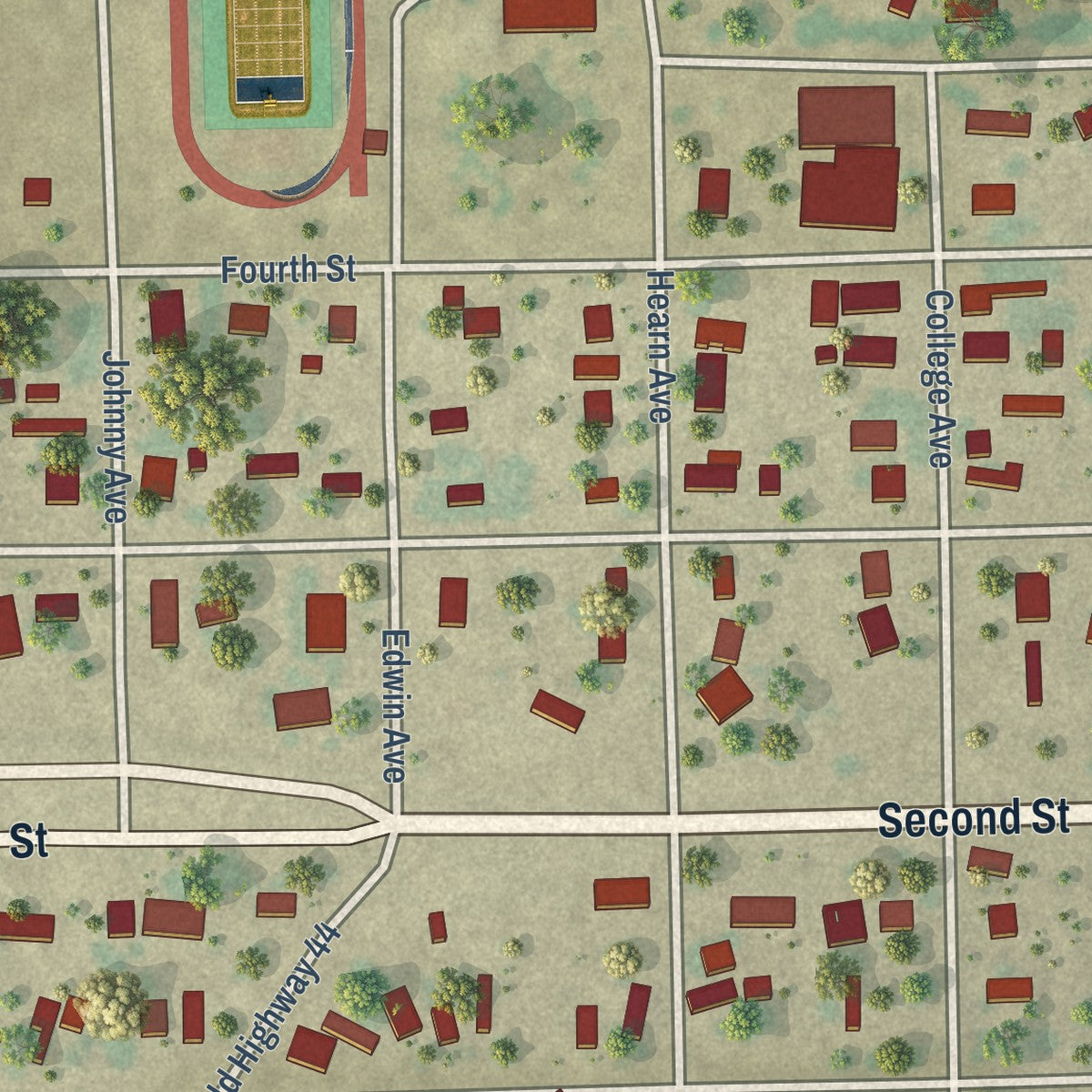 Close-up of the map of Agua Dulce, Texas print showing street and building detail