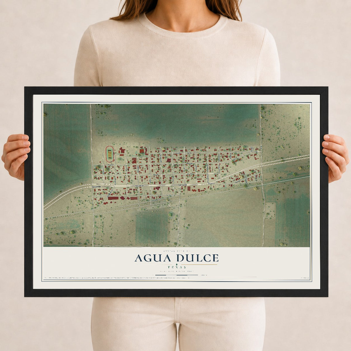 Map of Agua Dulce, Texas, 12 x 18 inch print in a black wood frame