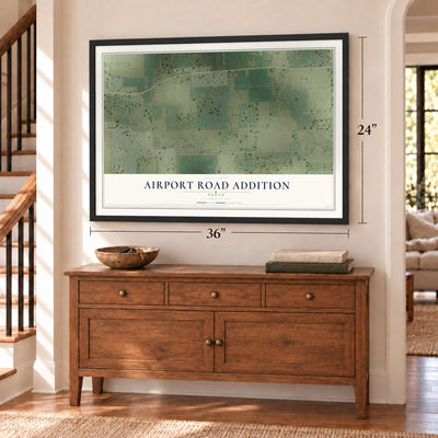 Airport Road Addition, Texas map, 24 x 36 inch print in a black frame above a dresser by a staircase