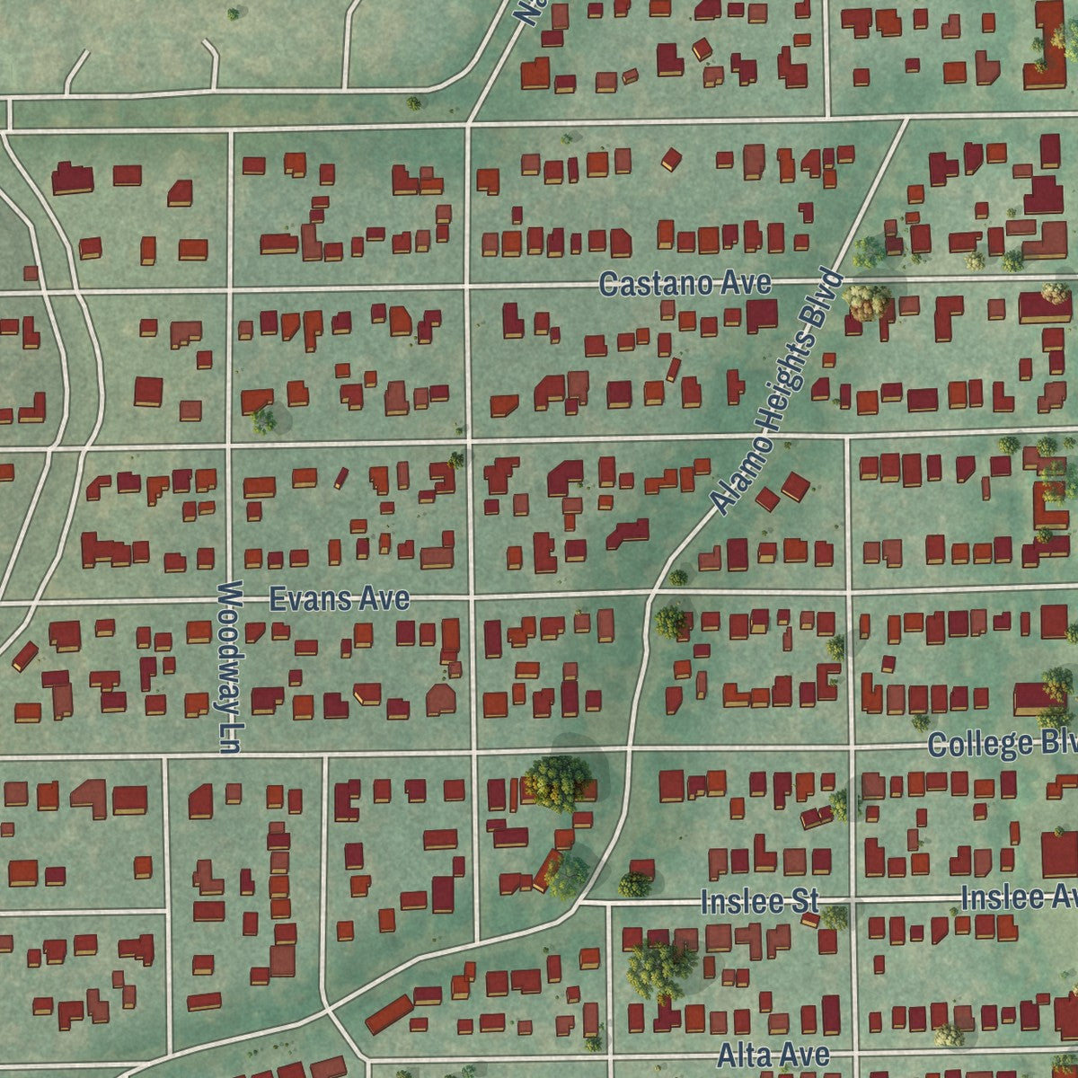 Second close-up of the map of Alamo Heights, Texas print showing more streets and buildings