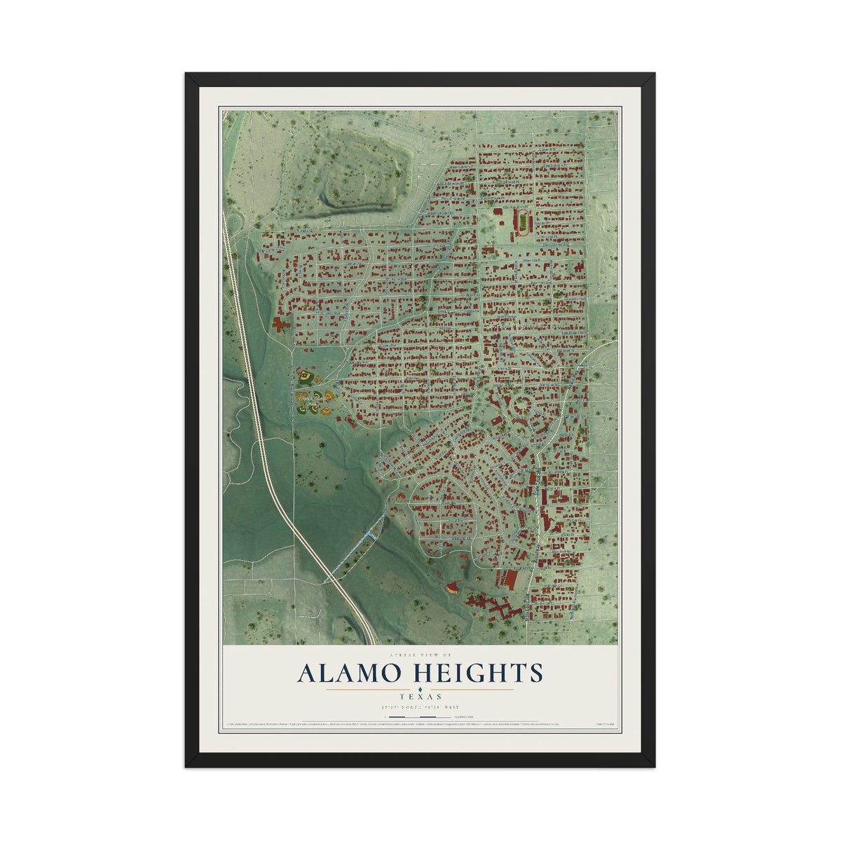 Map of Alamo Heights, Texas, 12 x 18 inch print in a black wood frame