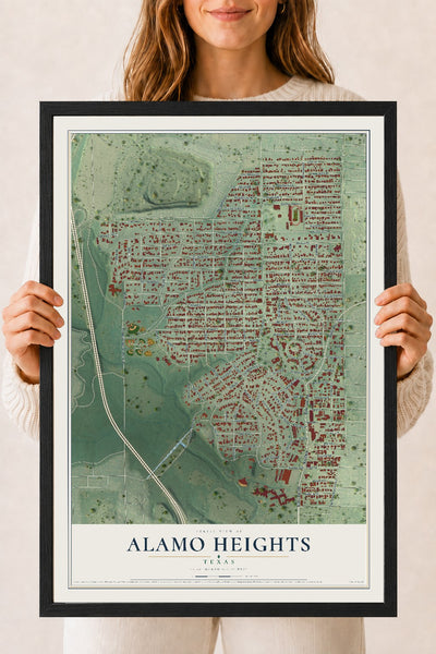 Map of Alamo Heights, Texas, 18 x 24 inch print in a black wood frame