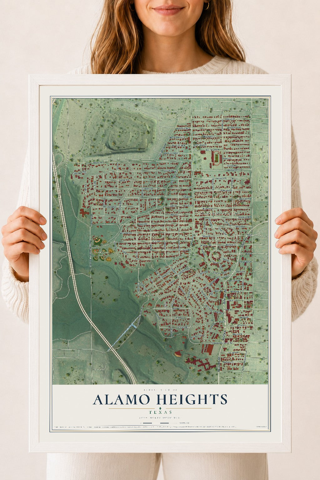 Map of Alamo Heights, Texas, 18 x 24 inch print in a white wood frame
