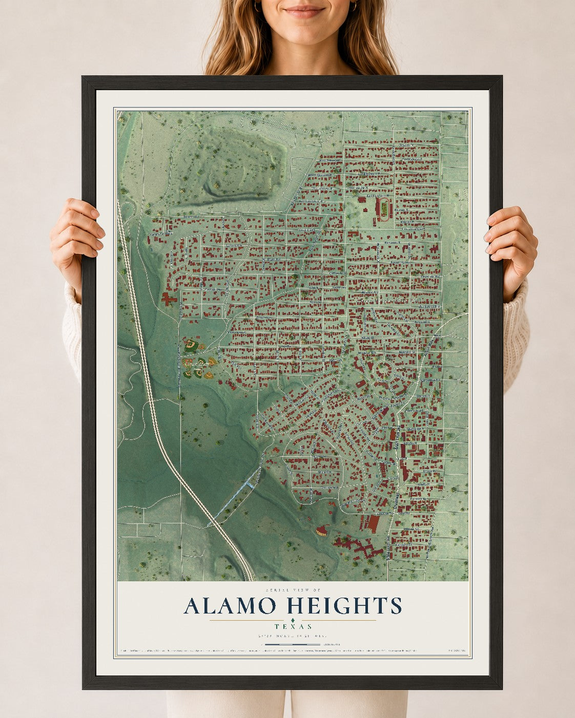 Map of Alamo Heights, Texas, 24 x 36 inch print in a black wood frame