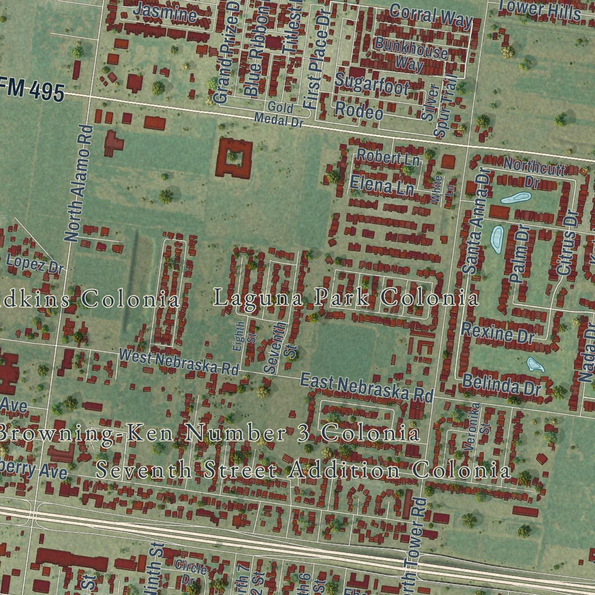 Second close-up of the map of Alamo, Texas print showing more streets and buildings