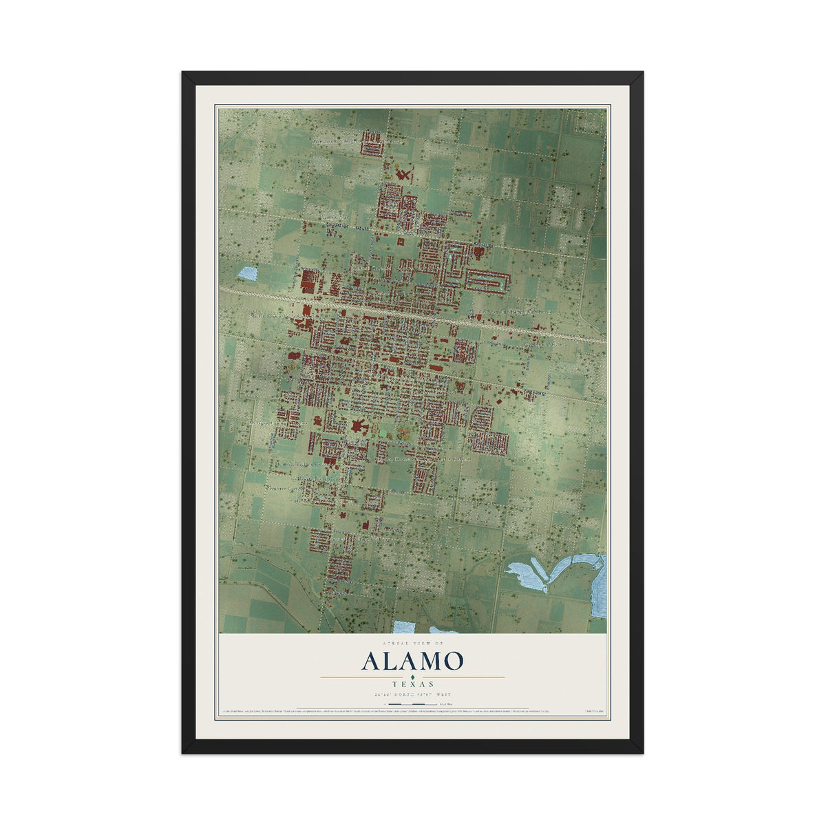 Map of Alamo, Texas, 12 x 18 inch print in a black wood frame