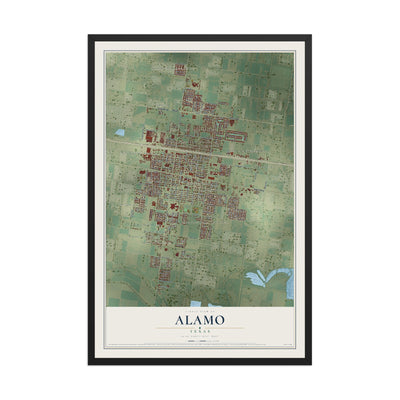 Map of Alamo, Texas, 12 x 18 inch print in a black wood frame