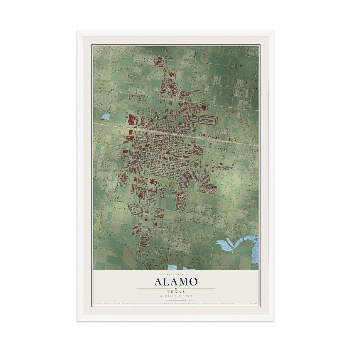 Map of Alamo, Texas, 12 x 18 inch print in a white wood frame
