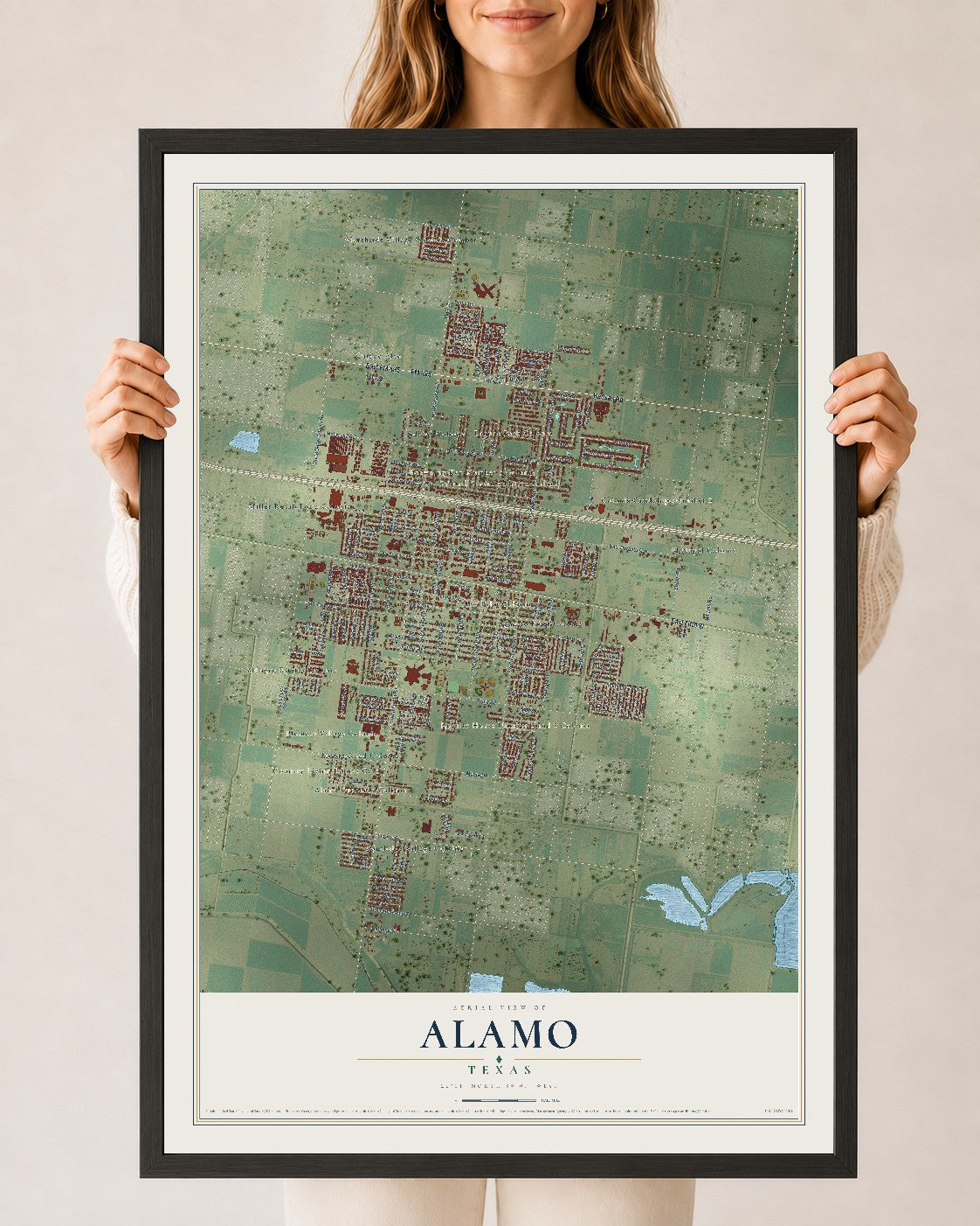 Map of Alamo, Texas, 24 x 36 inch print in a black wood frame