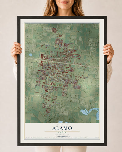 Map of Alamo, Texas, 24 x 36 inch print in a black wood frame