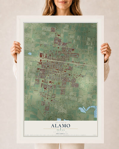 Map of Alamo, Texas, 24 x 36 inch print in a white wood frame