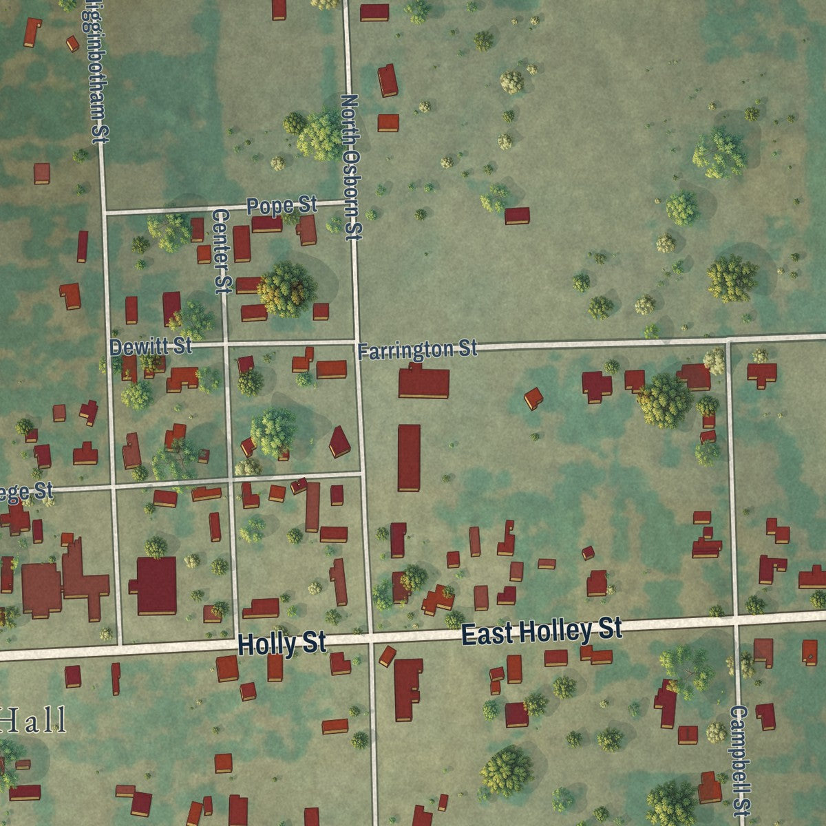 Close-up of the map of Alba, Texas print showing street and building detail