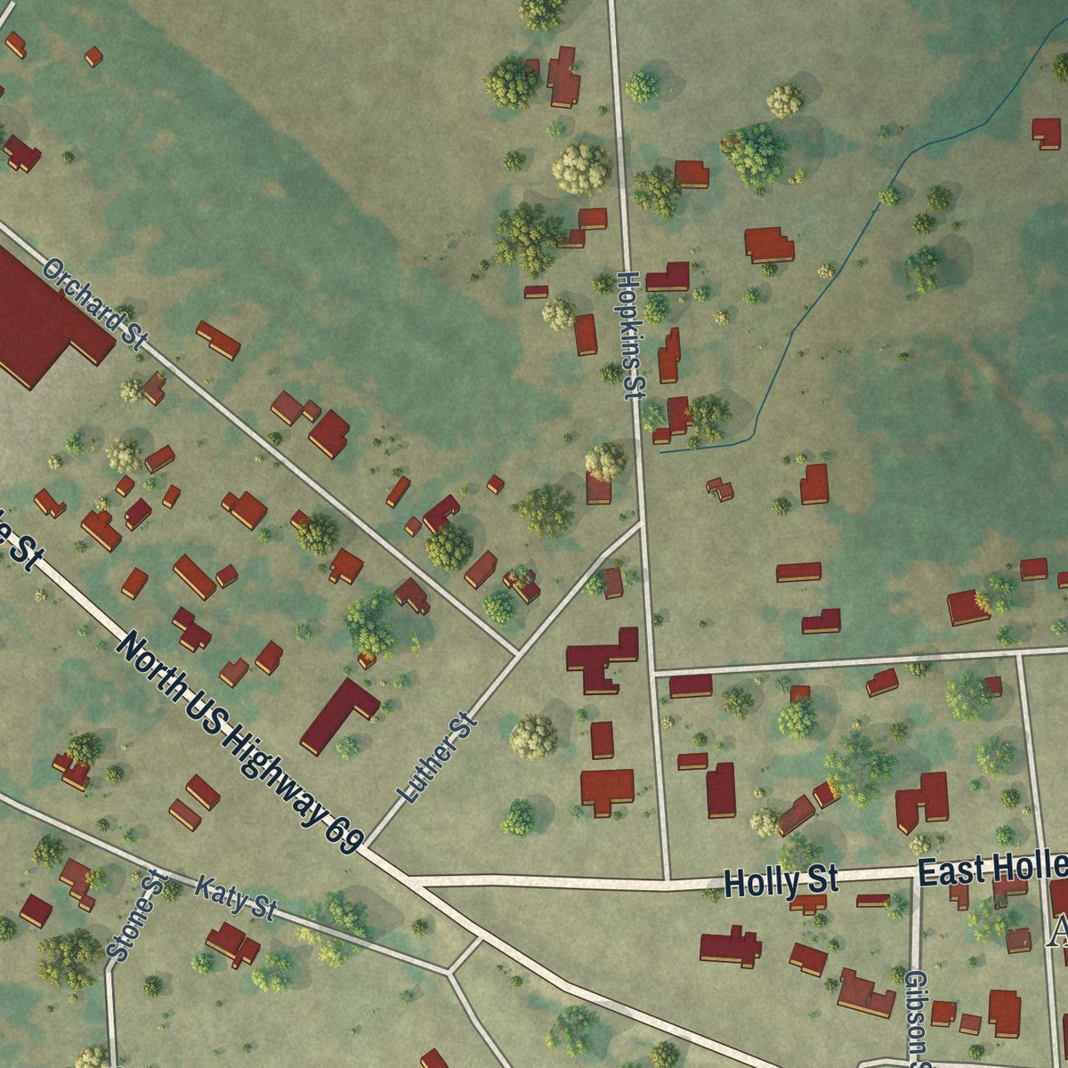 Second close-up of the map of Alba, Texas print showing more streets and buildings