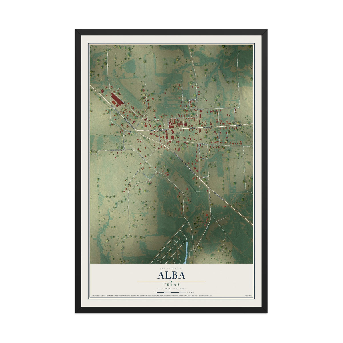 Map of Alba, Texas, 12 x 18 inch print in a black wood frame
