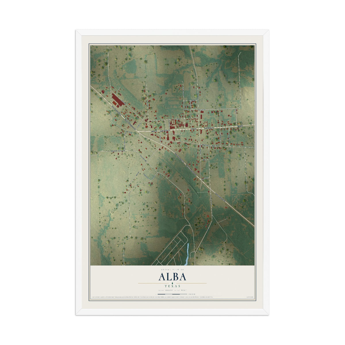 Map of Alba, Texas, 12 x 18 inch print in a white wood frame