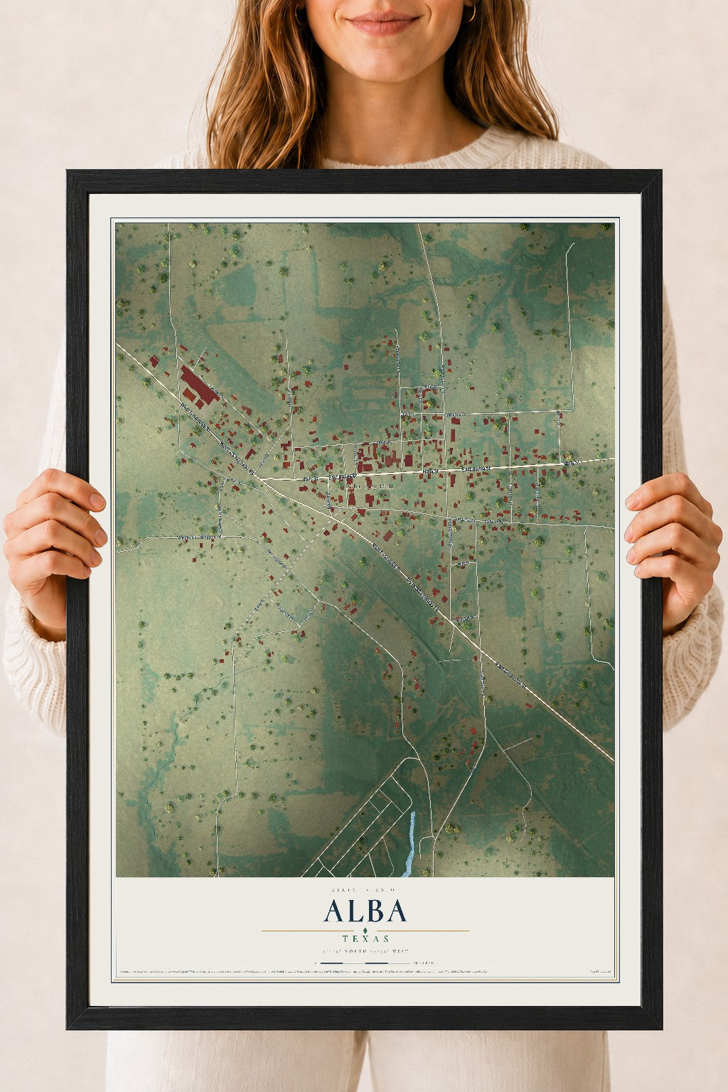 Map of Alba, Texas, 18 x 24 inch print in a black wood frame
