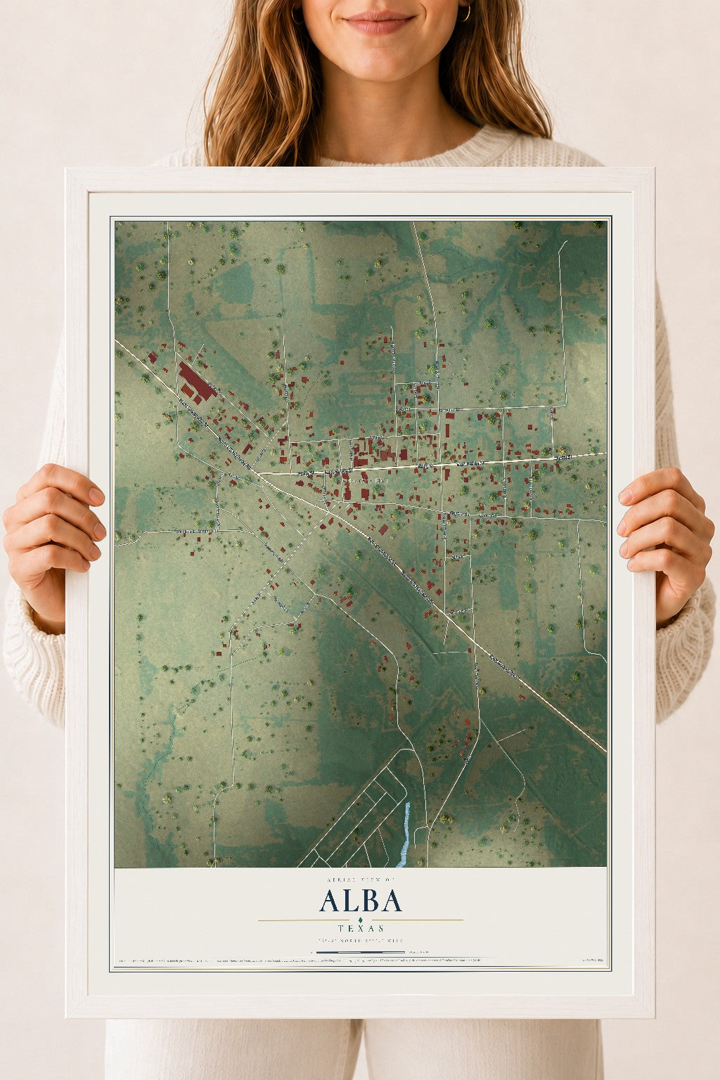 Map of Alba, Texas, 18 x 24 inch print in a white wood frame