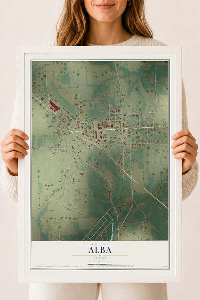 Map of Alba, Texas, 18 x 24 inch print in a white wood frame