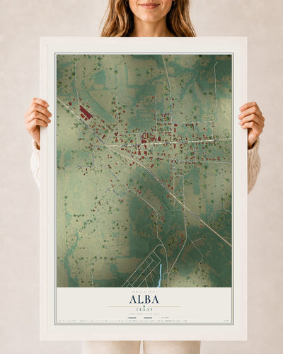 Map of Alba, Texas, 24 x 36 inch print in a white wood frame