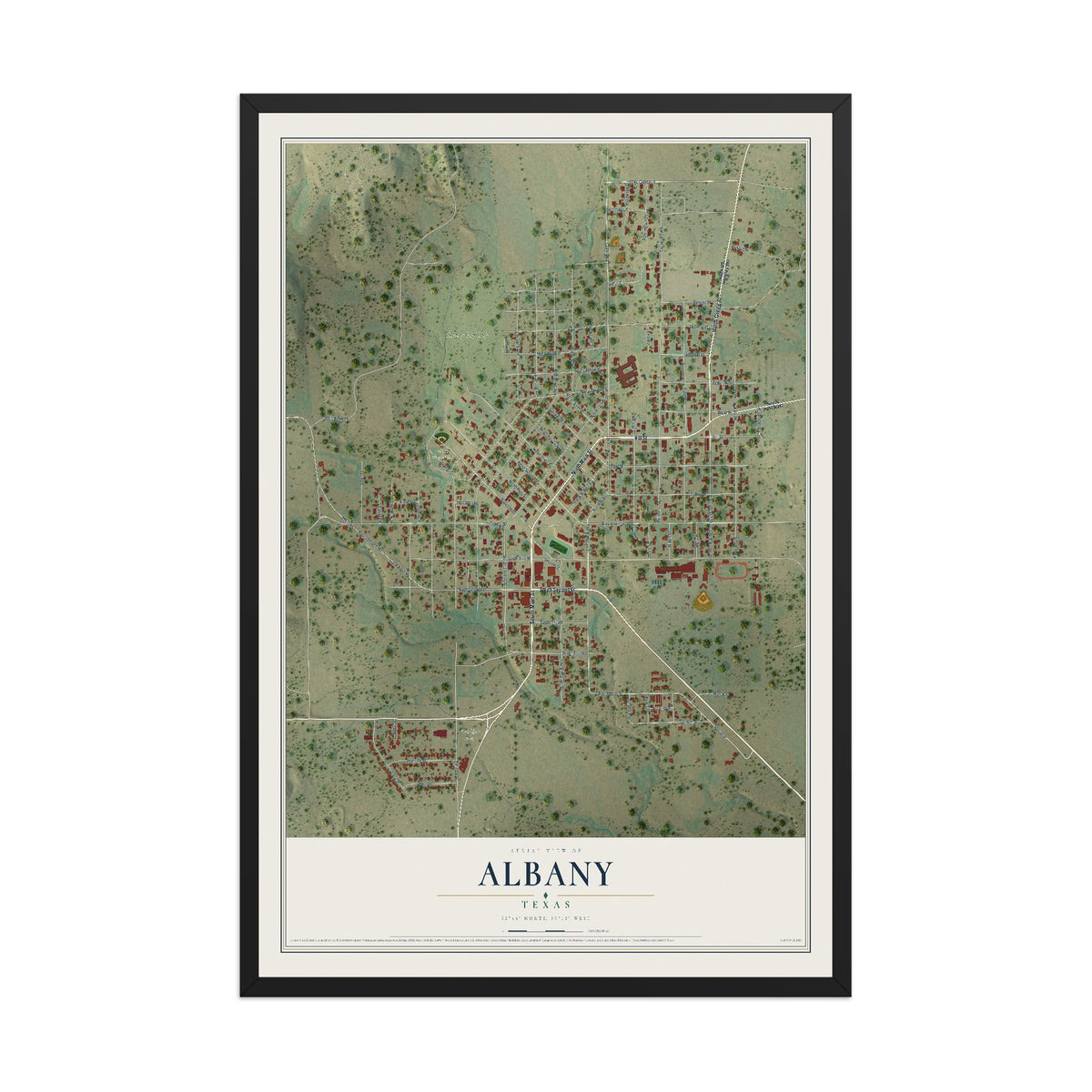 Map of Albany, Texas, 12 x 18 inch print in a black wood frame