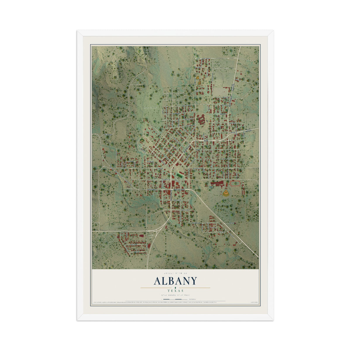 Map of Albany, Texas, 12 x 18 inch print in a white wood frame