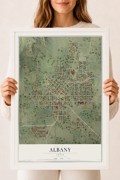 Map of Albany, Texas, 18 x 24 inch print in a white wood frame