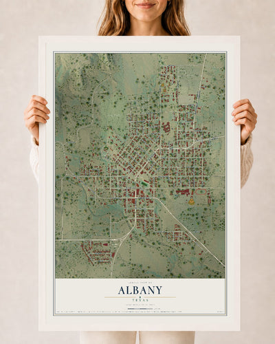 Map of Albany, Texas, 24 x 36 inch print in a white wood frame