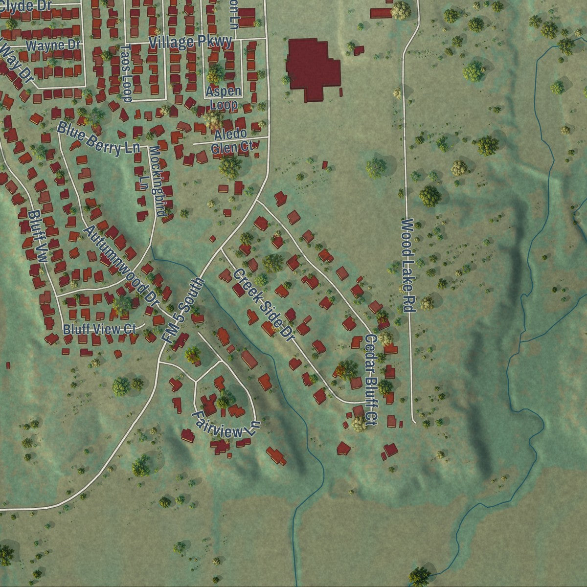 Second close-up of the map of Aledo, Texas print showing more streets and buildings