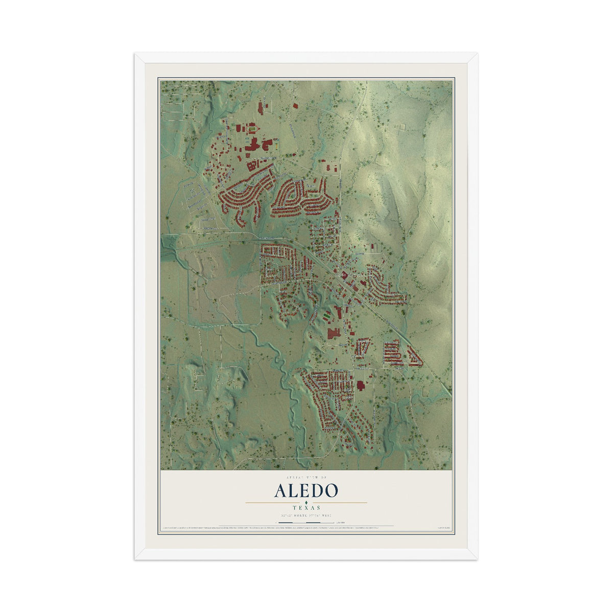 Map of Aledo, Texas, 12 x 18 inch print in a white wood frame