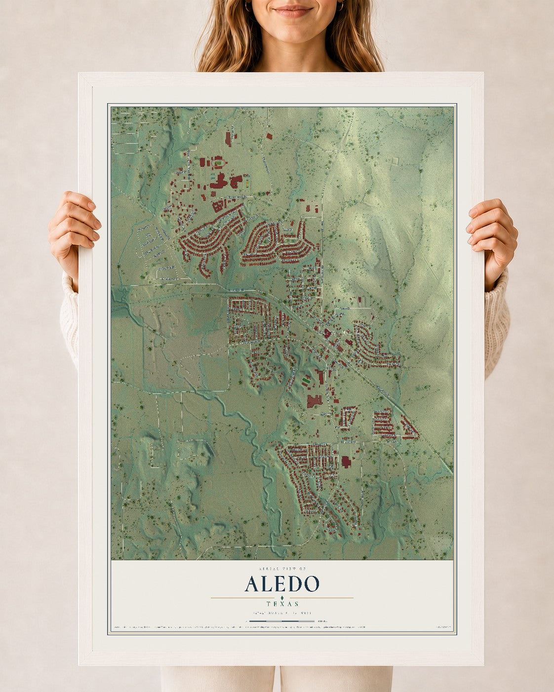 Map of Aledo, Texas, 24 x 36 inch print in a white wood frame