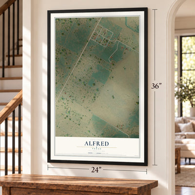 Alfred, Texas map, 24 x 36 inch print in a black frame by a staircase