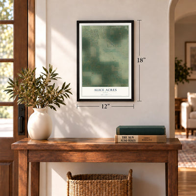 Alice Acres, Texas map, 12 x 18 inch print in a black frame in an entryway