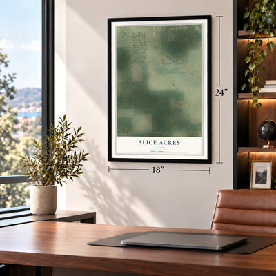 Alice Acres, Texas map, 18 x 24 inch print in a black frame in a home office